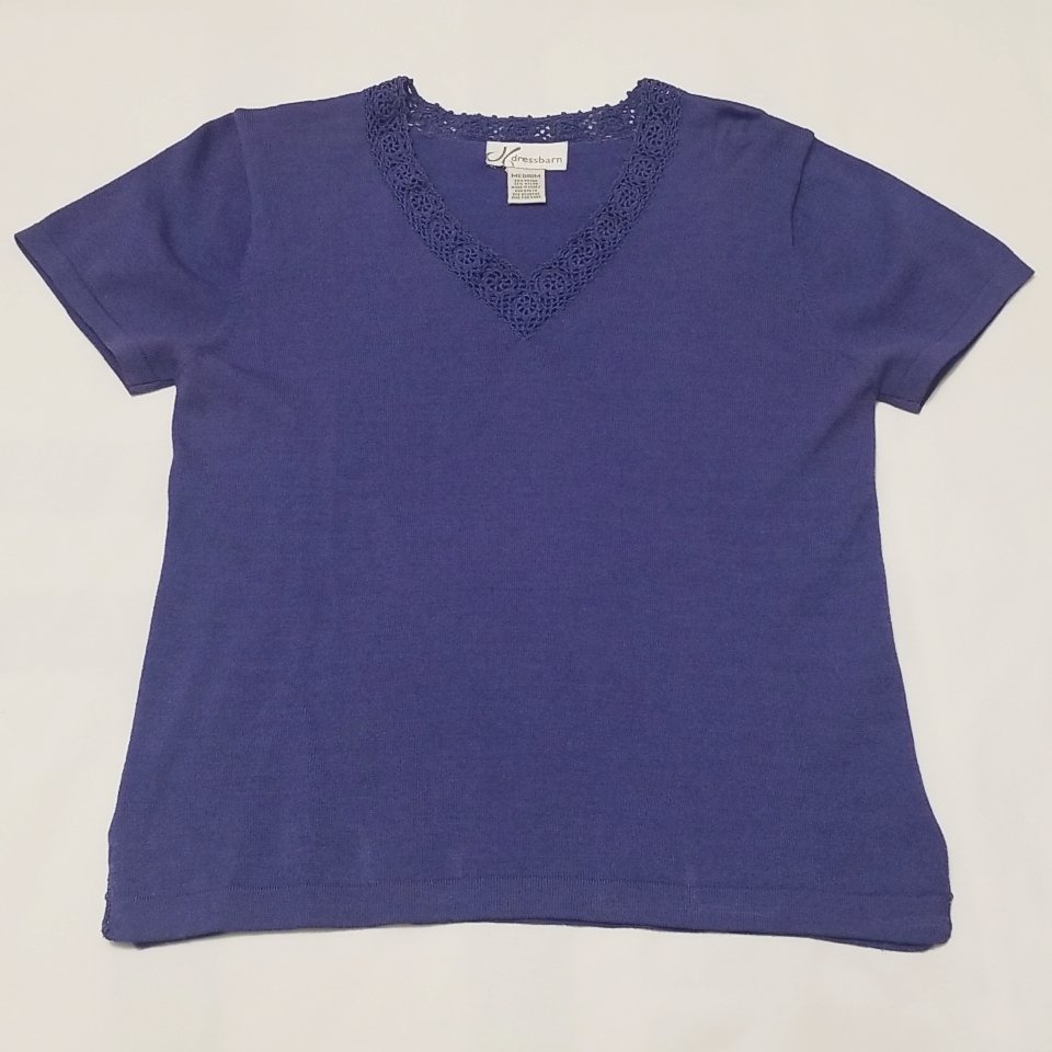 Dressbarn Lt Wt. V-Neck St-Sleeve Sweater W Embroidered Trim Blue/Purple Small